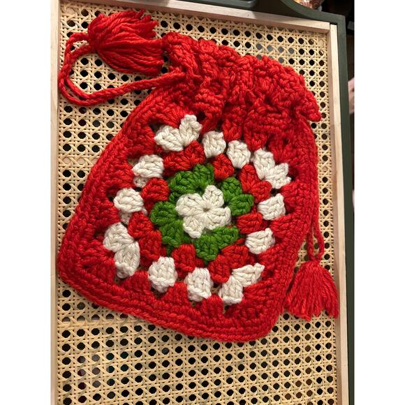 Vintage Hobo Boho Purse Bag Crocheted Drawstring Christmas Bag Handmade 1970s - Picture 4 of 7